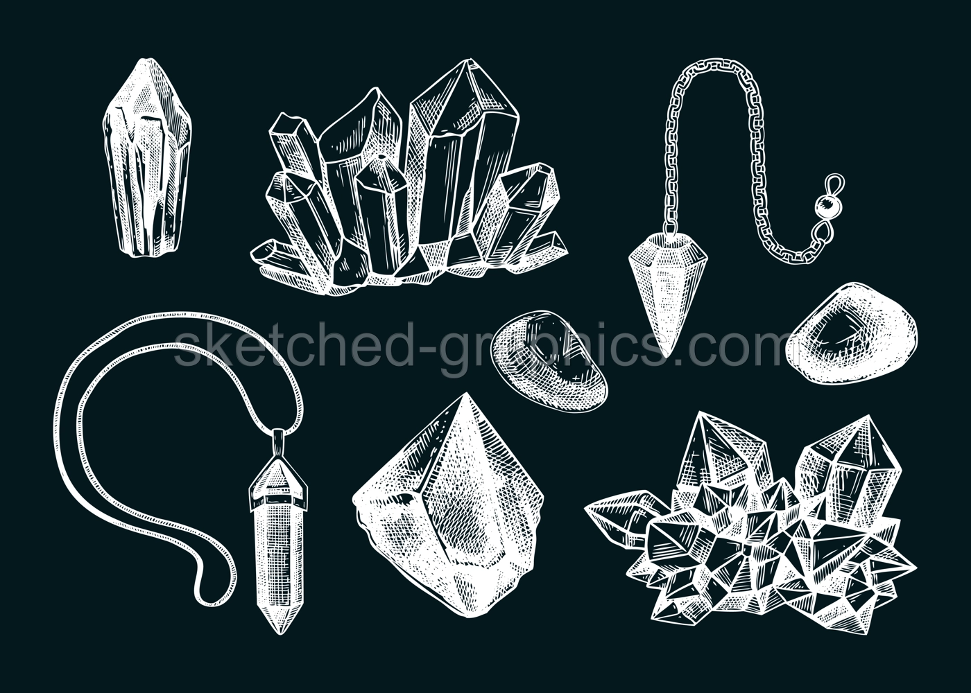 Gemstones and crystal vector illustration. Hand-drawn stones sketches on chalkboard. Vintage Halloween design element. Alchemy, witchraft, esoteric symbols. NOT AI generated Illustration